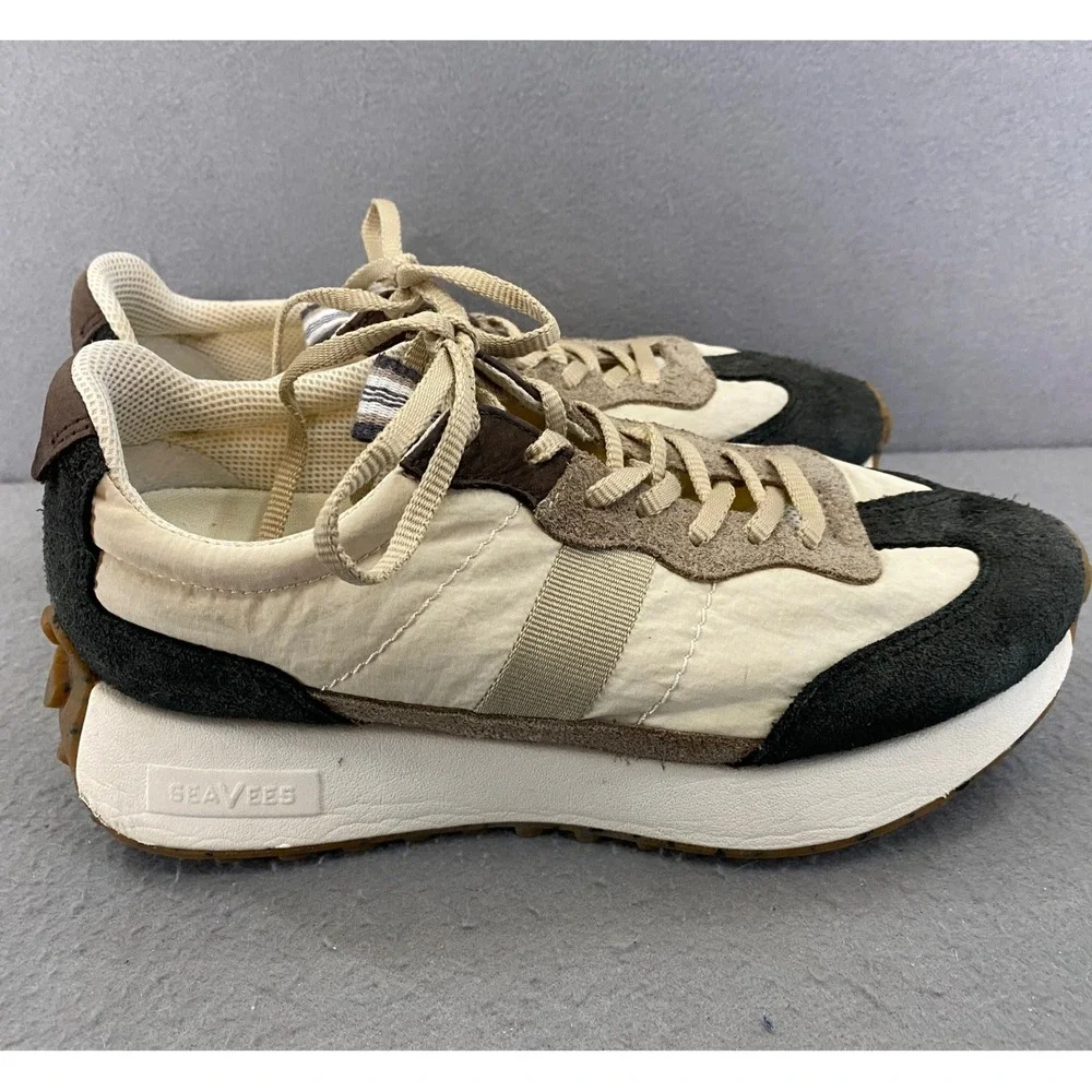 SeaVees Retro Acorn Trainer Womens 9 Black Tan Suede Nylon Platform Sneaker Low